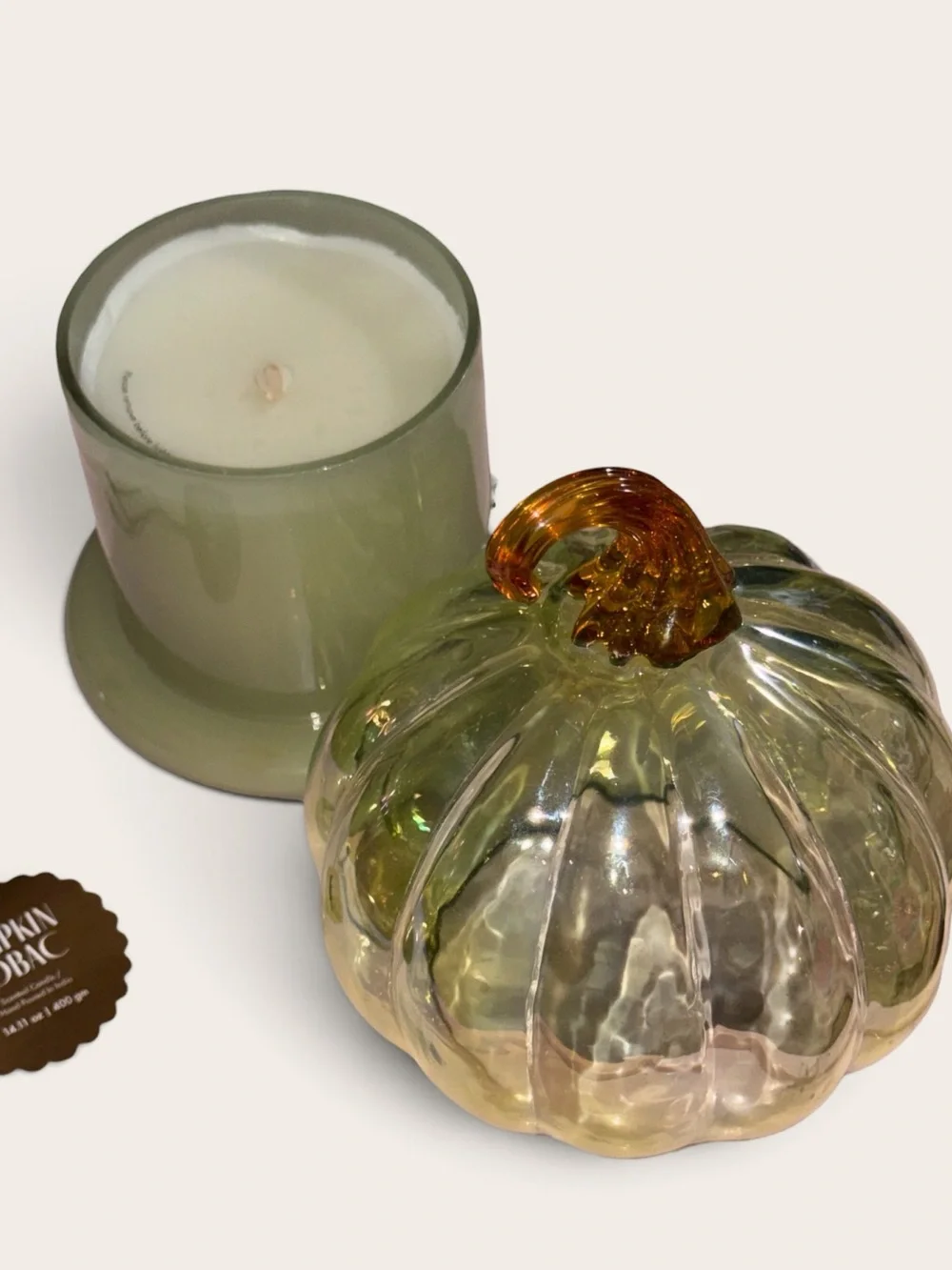 Anthropologie styled  Pumpkin Tabac scented Glass Pumpkin Cloche Candle